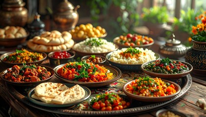 Obraz premium A lavish spread of diverse Middle Eastern or Indian dishes, including rice, curries, and flatbreads, arranged on a large tray for a festive meal.