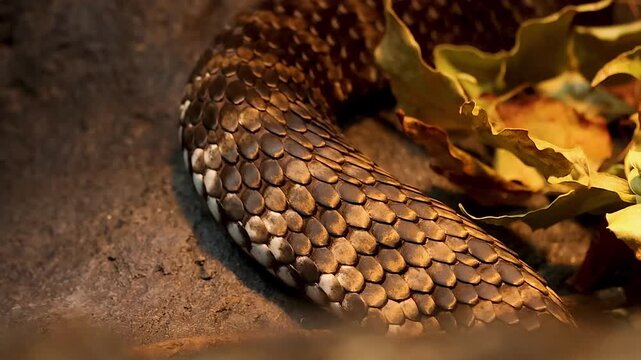 Close Up of Snake Scales and Body Moving Through Dry Leaves