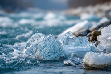 Jagged river ice slabs collide and spin in fast spring thaw current