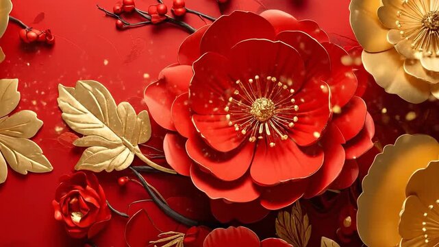 Elegant floral arrangement featuring red and gold paper flowers on a vibrant red background.
