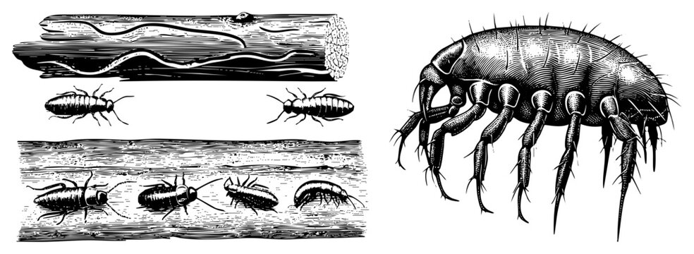 Detailed Vector Illustration of Cockroaches and Wood Texture with Microscopic Detail