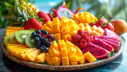 Delicious and colorful fresh fruit platter with tropical fruits