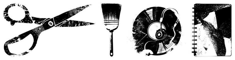 Fototapeta premium Vintage Art Tools Scissors, Brush, Record Player, and Spiral Notebook in Grunge Style
