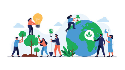 Fototapeta premium Diverse group of people working together to save the planet, planting trees and promoting green energy ideas for a sustainable future and healthy earth.