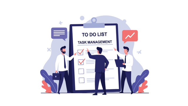 Businessmen collaborating on a giant to-do list, checking off completed tasks and managing their project workflow for increased productivity and efficiency.