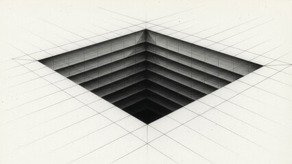 Abstract geometric perspective drawing of a deep square hole with grid lines