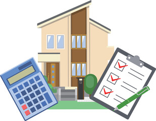 Fototapeta premium 一軒家とチェックリストと電卓のイラスト