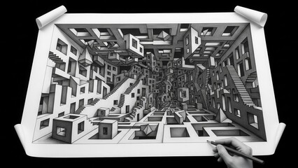 3D Optical Illusion Drawing of Impossible Architecture with Stairs and Cubes