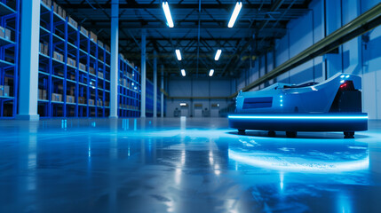 Automated Warehouse Blue Smart Logistics with AGV Robot Copy Space