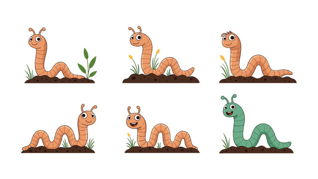 A cute and colorful collection of cartoon earthworms and caterpillars in various friendly poses in the soil, perfect for children's illustrations.