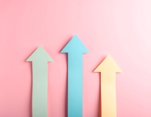 Three pastel arrows pointing upward against a pink background