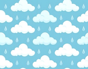 Cartoon illustration of white fluffy clouds and raindrops on a blue sky