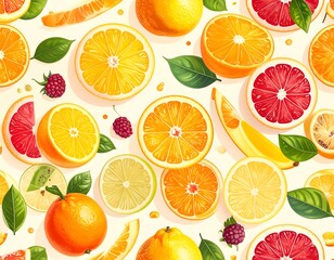 Obraz premium A vibrant, colorful medley of sliced citrus fruits & berries on a cream background