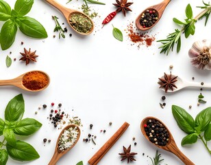Culinary herbs and spices arranged on a white surface, creating a border