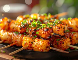 Close-up of grilled, skewered, glazed potato bites with garnishes