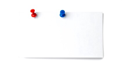 Blank white card pinned at the top with a red and blue thumbtack, angled view, on a pure white background