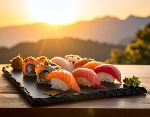 Sushi selection on a black slate, sunlit, mountain view background