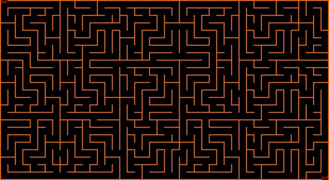 Abstract orange maze pattern on a black background. Clean geometric lines forming a seamless labyrinth design, ideal for puzzles, game concepts, wallpapers, posters, and modern graphic backgrounds.