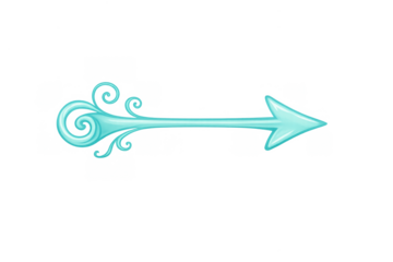 Turquoise glossy arrow pointing right with ornate swirly decorative tail, showing direction and movement concept on transparent background