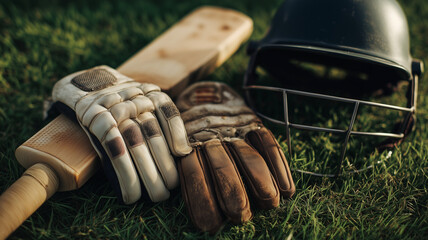 cricket equipment on green field
