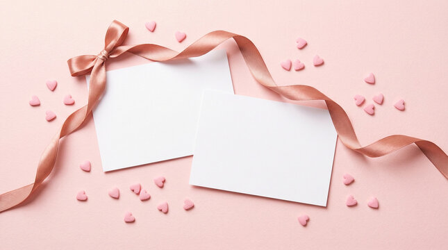 Top view photo of valentine's day decorations curly silk ribbon small hearts and two paper cards on isolated pastel pink background with copyspace - Powered by Adobe