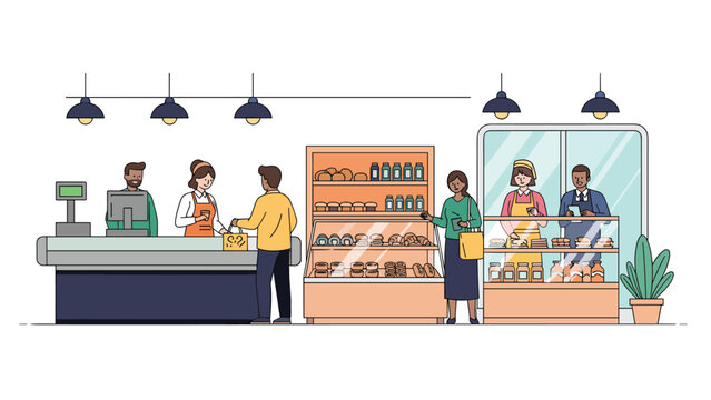 A bustling scene inside a grocery store or bakery with customers shopping and paying at the checkout counter, and staff serving behind the deli.