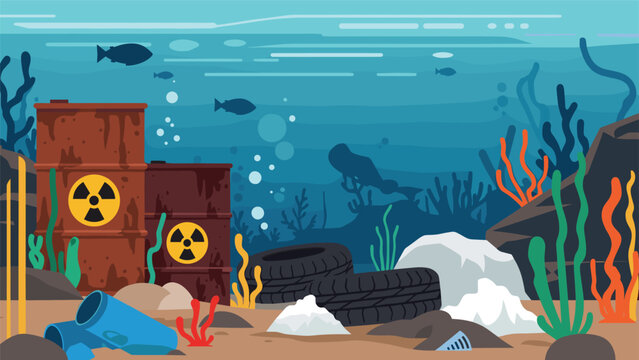 An underwater scene showing severe ocean pollution with radioactive barrels, old tires, and plastic waste, highlighting environmental damage.