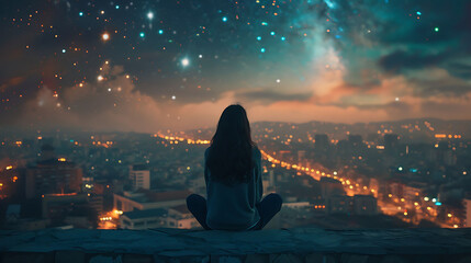 Serene nighttime scene of a girl sitting on a rooftop watching the stars, capturing quiet reflection, wonder, and a dreamy connection with the universe.
