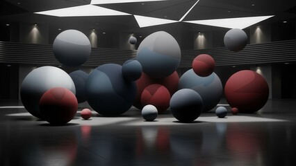 Abstract Geometric Spheres Floating in Dark Room with Dramatic Lighting