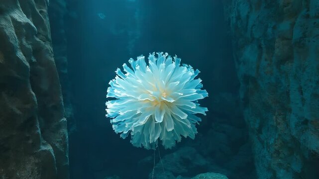 An orb-shaped marine plant floats and rotates slowly in water. The surrounding cavern is dark but illuminated by bioluminescent algae on the walls. Light pulses from within the plant