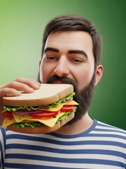 髭のある男性が美味しそうなサンドイッチを大きく一口で食べようとしている幸せな瞬間