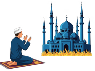 Man praying in front of a mosque isolated on transparent background
