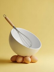 黄色背景に卵の上に置かれたボウルと泡立て器の静物写真