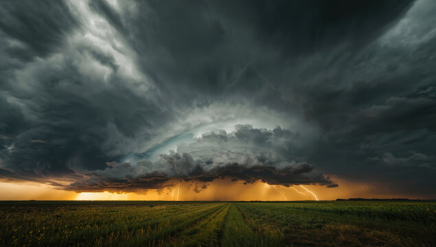 Massive storm cloud over open field with lightning and dramatic sunset glow