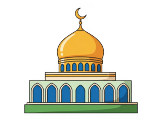 Illustrated mosque with golden dome and crescent isolated on transparent background