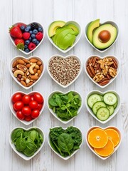 白い木の背景に並んだハート型の器に入った様々な新鮮な健康食品