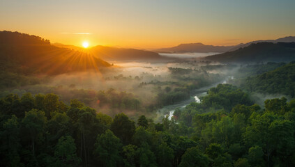 Sunrise valley mist river sunrise valley mist river forest mountain fog dawn landscape