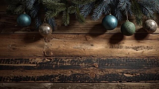 Rustic christmas background with ornaments and wood texture, showcasing festive winter holiday