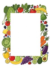 色鮮やかな野菜と果物がフレーム状に配置されたイラスト画像