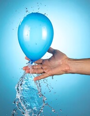 Blue balloon in hand, bursting with water creating a splashing effect against a gradient blue background