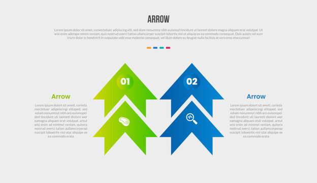 Arrow base shape infographics gradient template diagram with stacked arrow cut slice top direction comparison with 2 point step creative