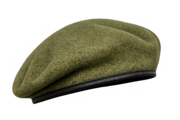 Green military beret headwear for soldiers and army personnel featuring wool felt fabric and a black leather band
