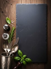 木製テーブル上の黒板とハーブ、カトラリーが並んだ落ち着いた雰囲気の料理写真