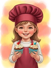 かわいい女の子がカップケーキを二つ持って微笑んでいるイラスト