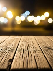 ぼやけた夜景を背景にした木製テーブルの暖かく柔らかな光