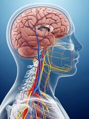青い背景に人間の脳と血管が詳細に描かれた医療イラスト