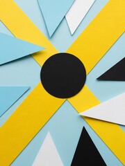 青色の背景に黒い円と黄色の帯、三角形が配置された抽象的なイメージ