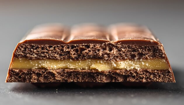 Close-up chocolate snap texture with sharp broken edge detail, ultra-high realism, rich cocoa surface, soft side lighting highlighting premium dessert quality and indulgent food detail.