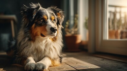 Anthropomorphic Dog in Sunlit Modern Room Representing Emotional Safety and Mental Wellness, Calm Minimal Interior with Copy Space