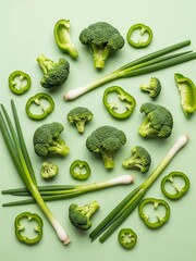 鮮やかな緑色のブロッコリー、ネギ、ピーマンが淡い背景に並んだ静物写真